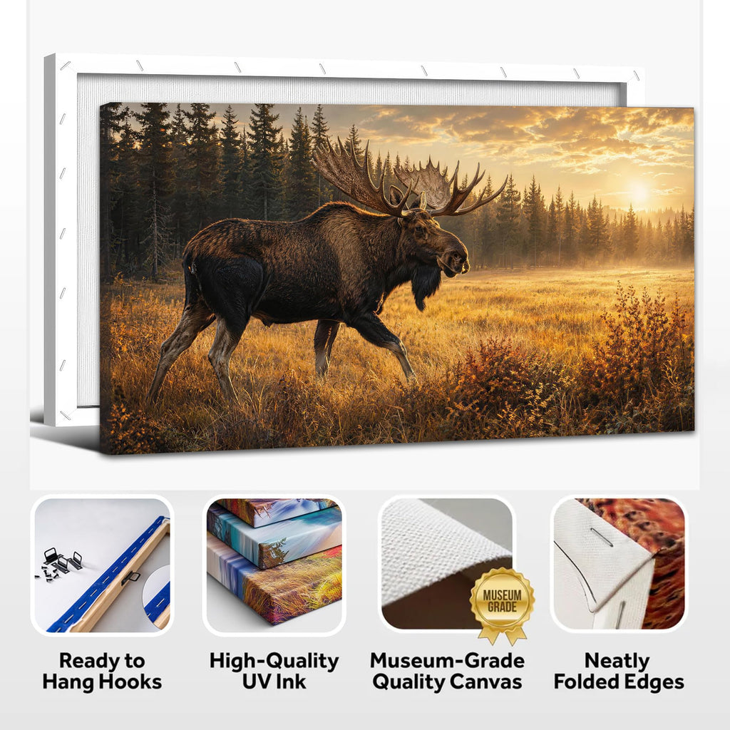 Moose Wall Art Rustic Wildlife Canvas Painting Woodland Animal Prints Serene Mountain Forest Picture Lodge Cabin
