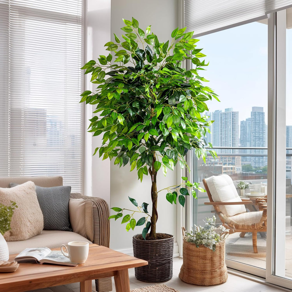 6ft Artificial Ficus Tree Decor, Faux Silk Plants Faux Plant Fake Silk Trees with Pot House Living Room Office Garden
