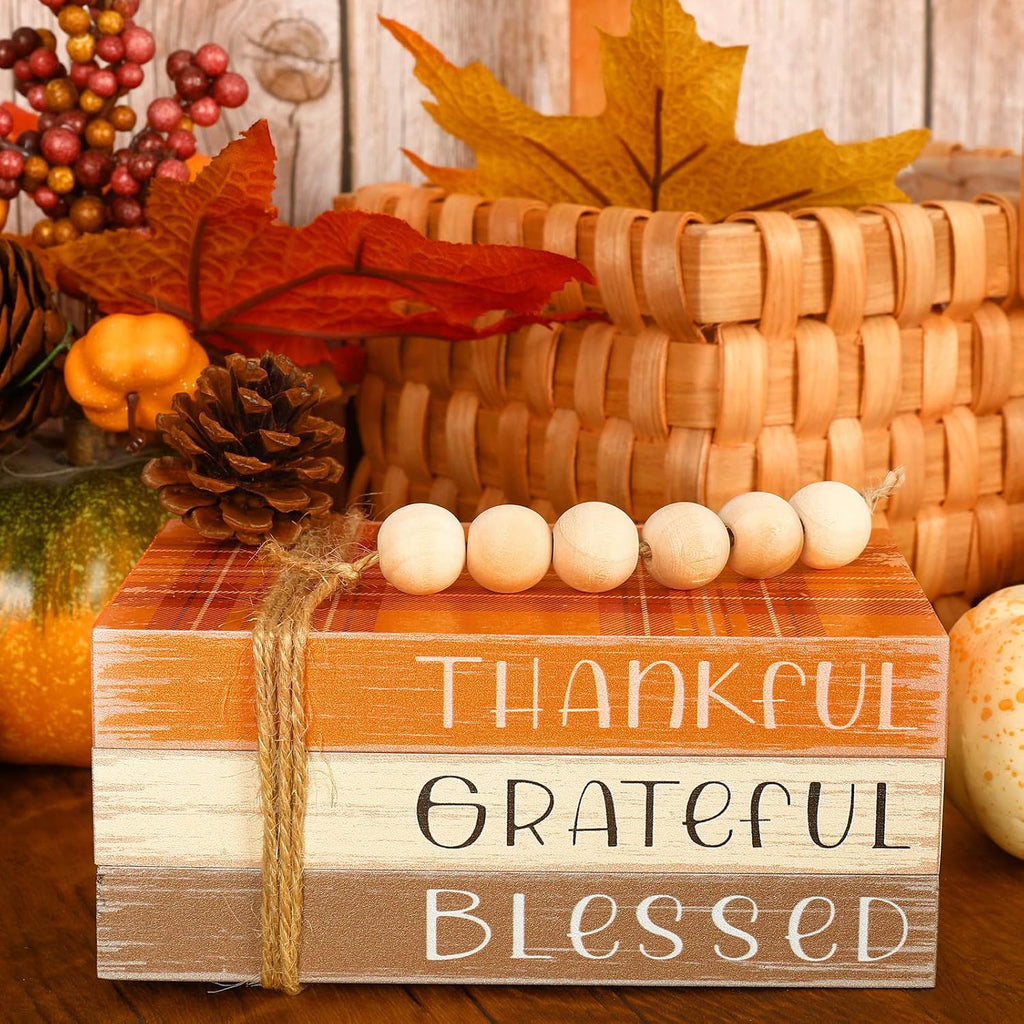 Fall Wooden Tiered Tray Decor Plaid Faux Decorative Stacked Books Bundle Thankful Grateful Blessed Wooden Block Sign