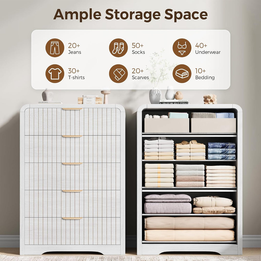 5 Drawer Dresser , Tall Chest of Drawers, Fluted Wood Dresser with Curved Profile Design, Modern Vertical Storage