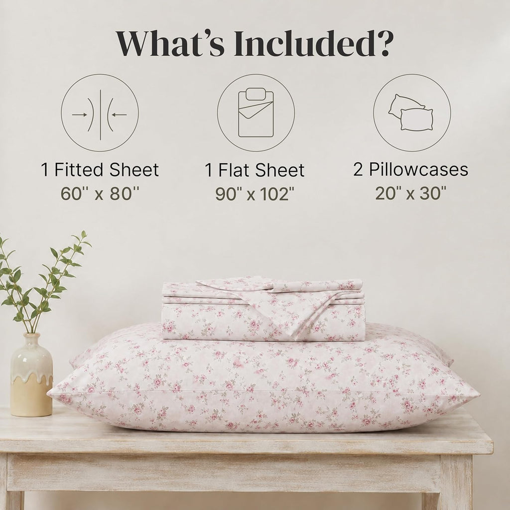 4-Piece Ultra Soft Microfiber Bed Sheets Set, Wrinkle Free Sheets with Deep Pockets Fitted Sheet, Flat Sheet & Pillowcases, Lightweight Breathable Bedding, Floral Rose, Queen
