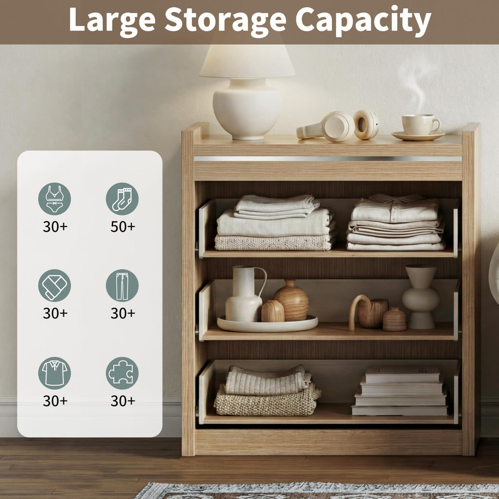 3 Drawer Dresser, 30.31" Tall Closet Chest Dressers Storage with Drawers, Gold Curved Handle & Raised Edge Design