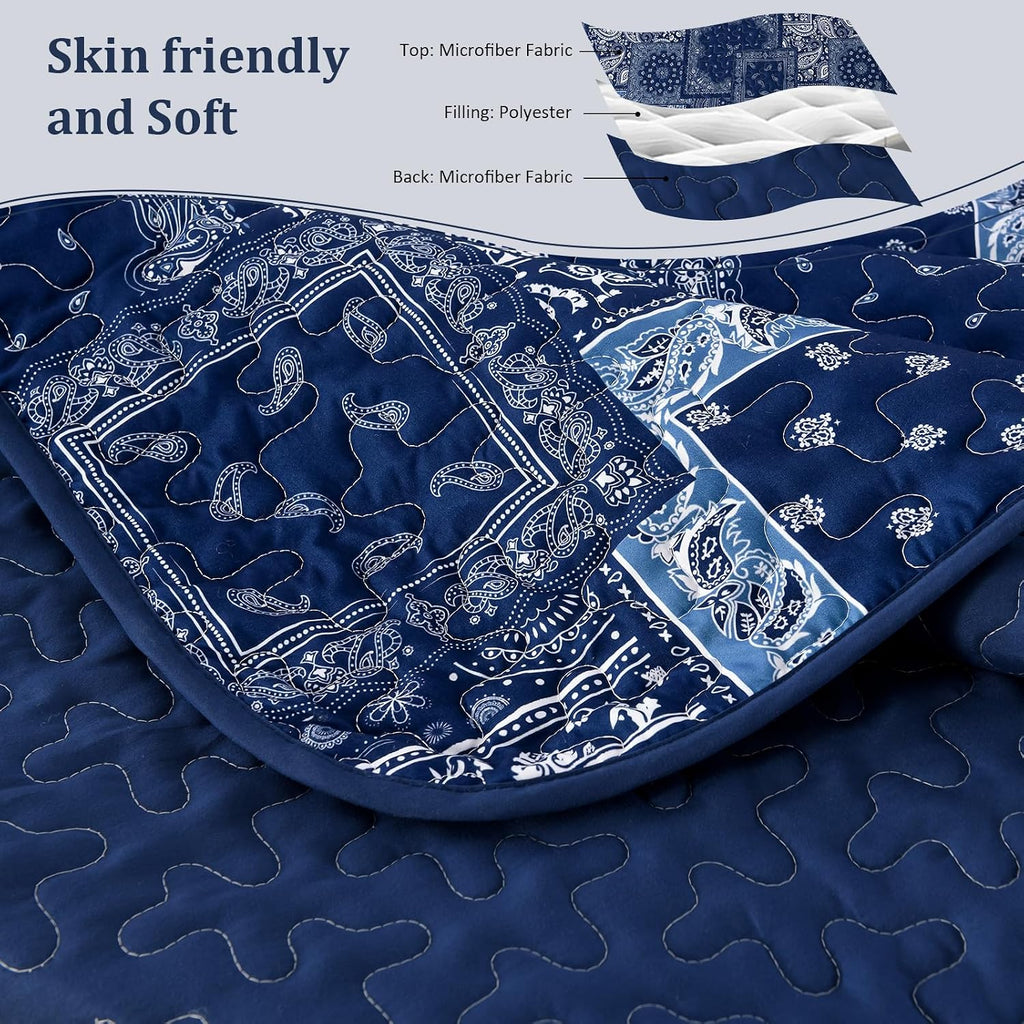 Blue Patchwork Quilt Set Queen,Boho Navy Blue Quilt Set,Paisley Farmhouse Bedspread Soft Microfiber Bedding Set for