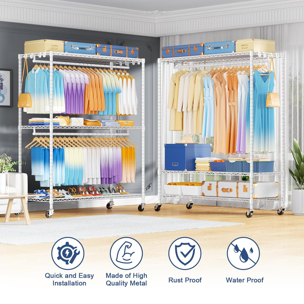 P8 Max Heavy Duty Clothes Rack(With Extended Width Design) Rolling Clothing Racks for Hanging Clothes, Portable