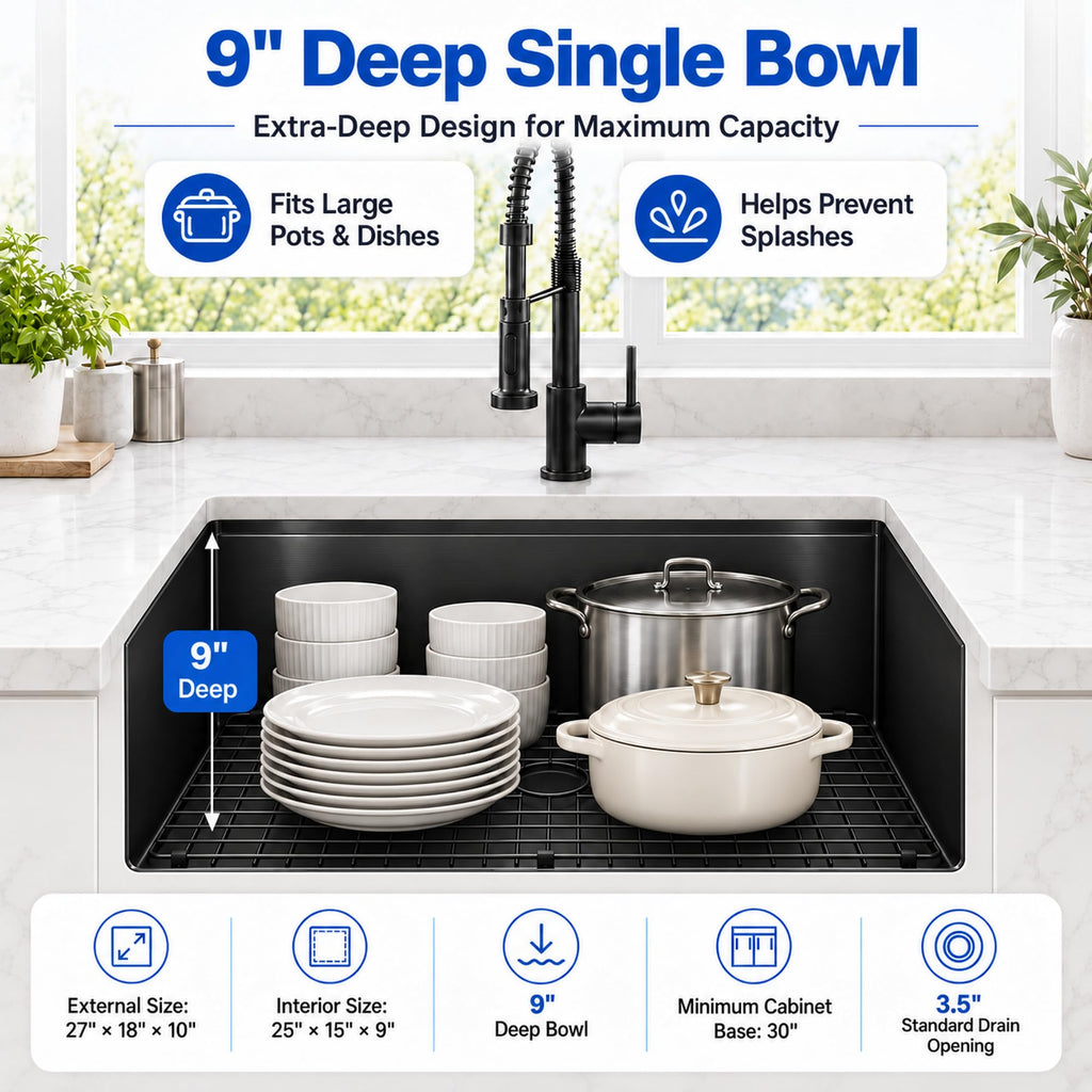 Black Undermount Kitchen Sink, 27 inch Workstation Kitchen Sink
