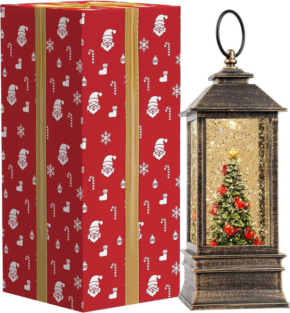 Christmas Snow Globe Lantern Water Glittering Christmas Tree with Music, USB Lined/Battery Operated Lighted Lantern