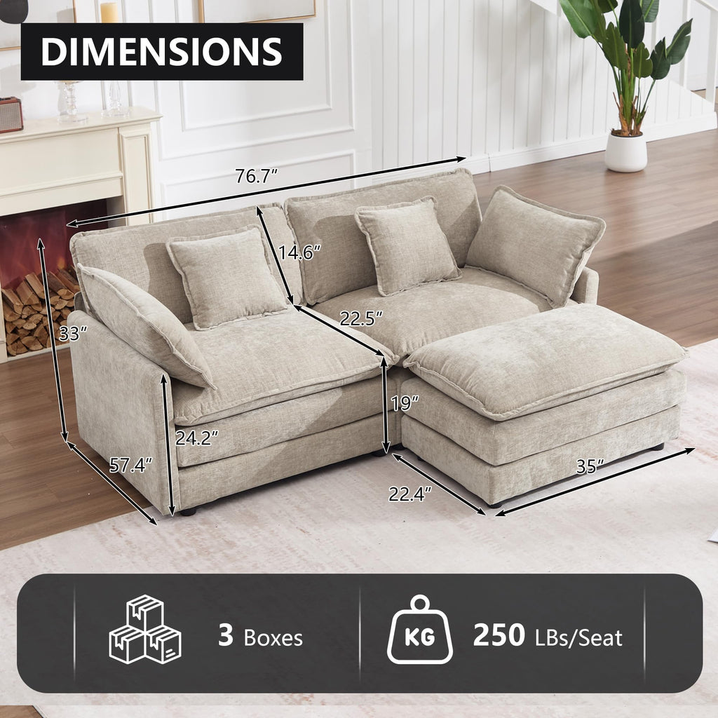 76.7" W Modular Cloud Sectional Sofa Couch for Small Spaces, Deep Seat Loveseat with Ottoman Chaise, Comfy Chenille 2