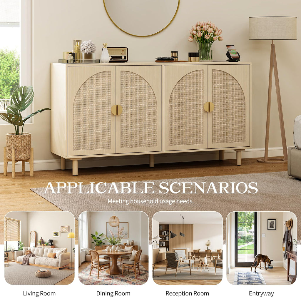 Rattan 4 Door Accent Sideboard Cabinet, Storage Buffet with Adjustable Shelves & Solid Wood Legs, Credenza with