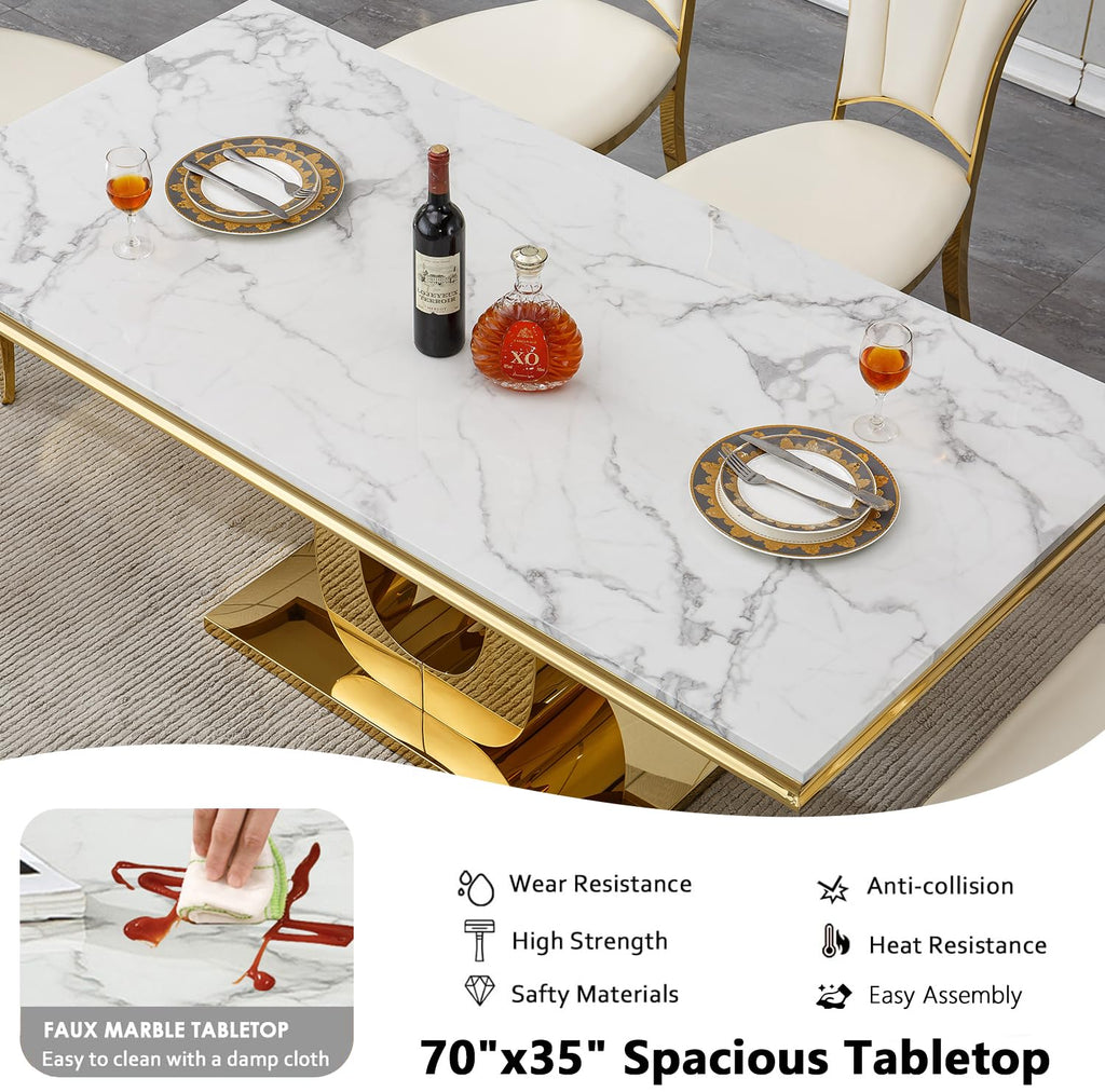 7 Piece Faux Marble Dining Table Set for 6, 70" White Gold Kitchen Table Set with U-Shape Stainless Steel Base