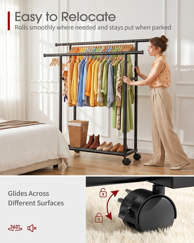 Rolling Double Rod Clothes Rack with Shelf, 39" x 17" x 60", Black