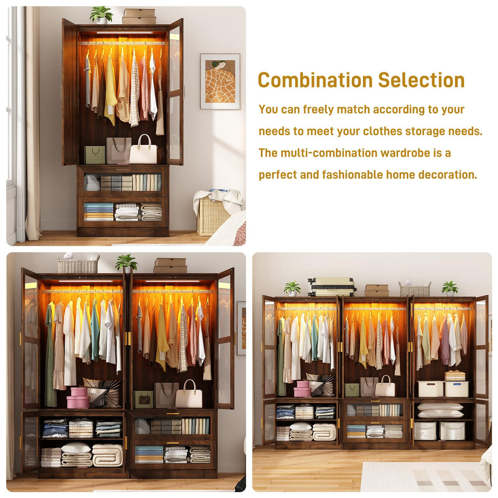 2Doors Armoire Wardrobe Closet with Sensor LED Light and Mirror