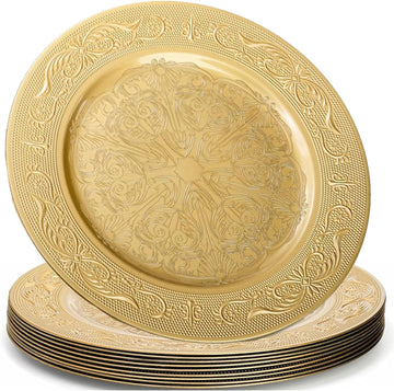 Gold Charger Plate, 13 Inch Heavy Weight Charger Plates for Dinner, Reusable Plastic Embossed Table Chargers - Set of 12