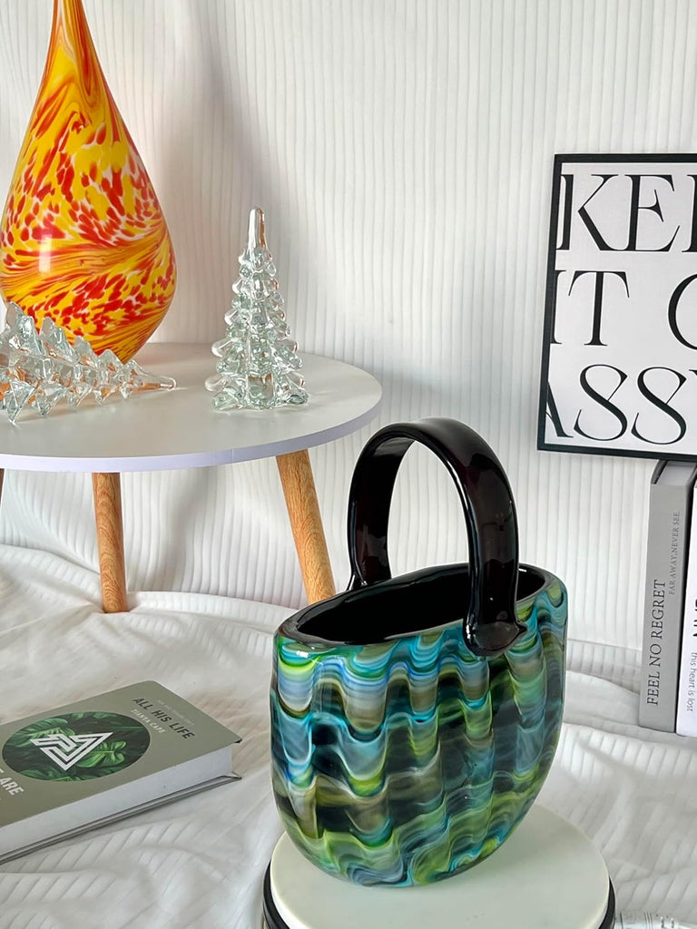 Hand Blown Art Glass Vase Sunflower - 13.4" Murano Style Colorful Sculpture, Unique Bag Design Centerpiece for Table