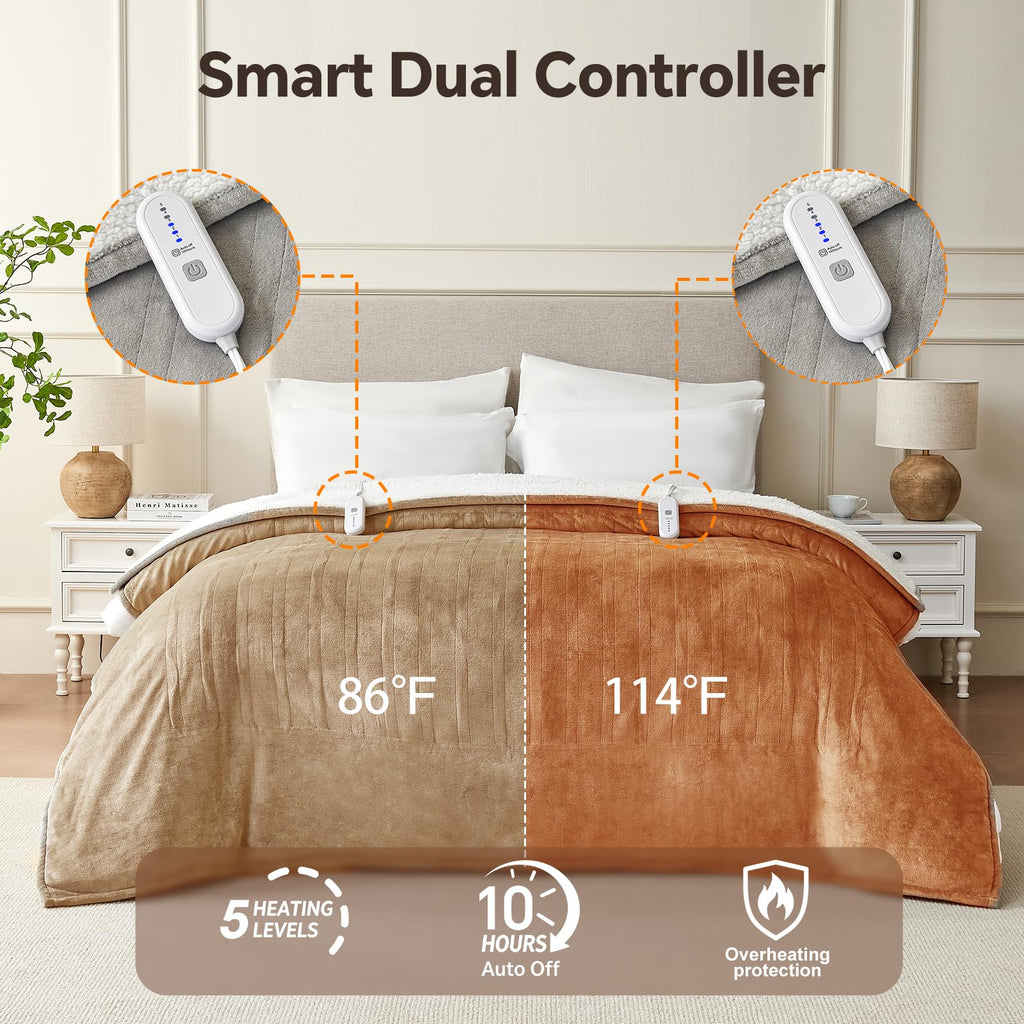 Heated Blanket Queen Size, Dual Control, ETL Certified, Grey