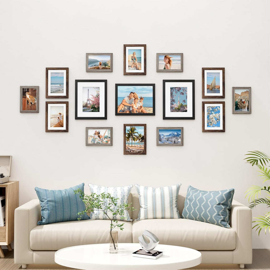15 Pack Gallery Wall Frame Set, Black, Brown, Dark Grey | Picture Frames Collage Wall Decor: 3pcs 8x10, 6pcs 5x7