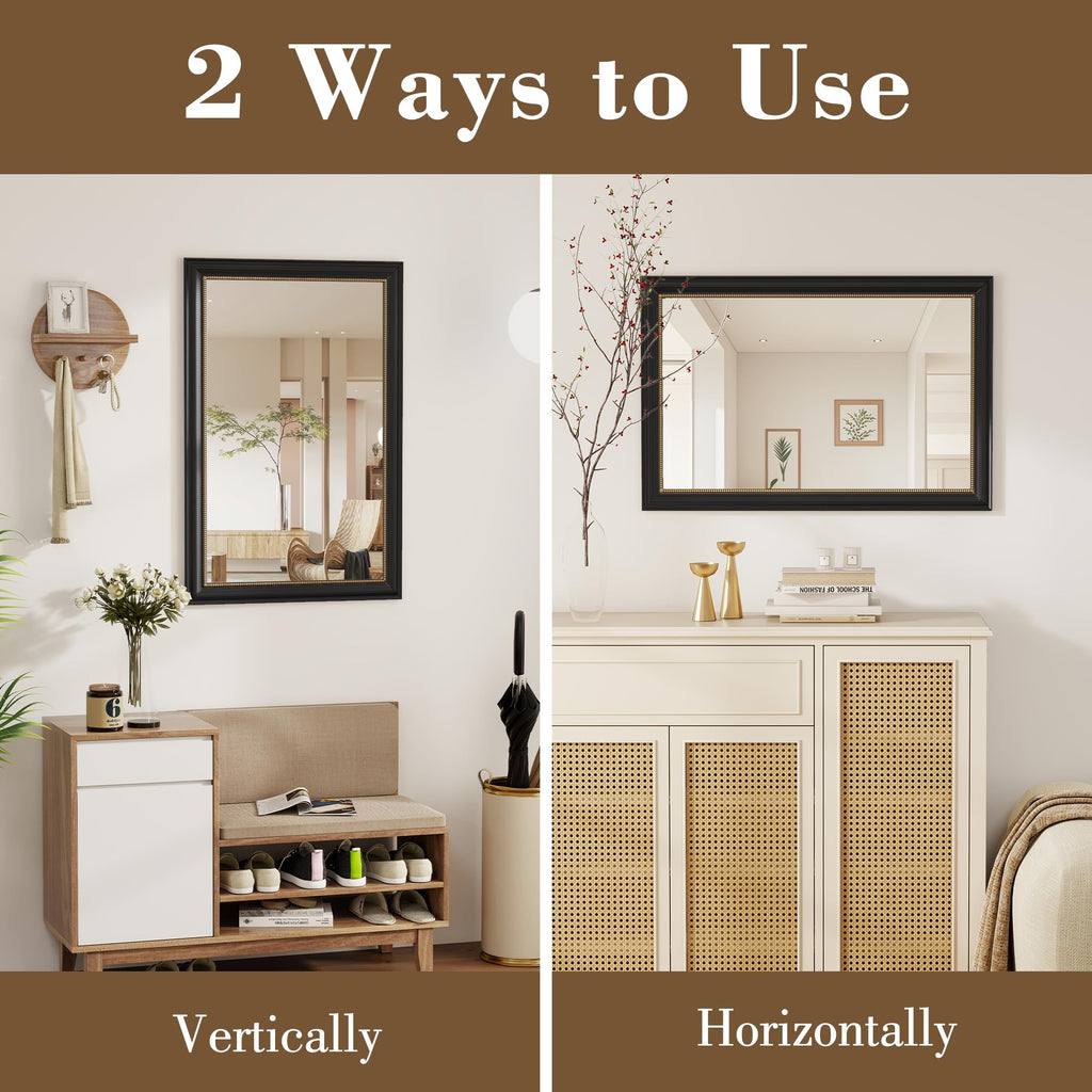 24x36 Rectangular Wall Mirror, Decorative Bathroom Mirror, Traditional Vintage Wall Mounted Mirror with Beaded Frame