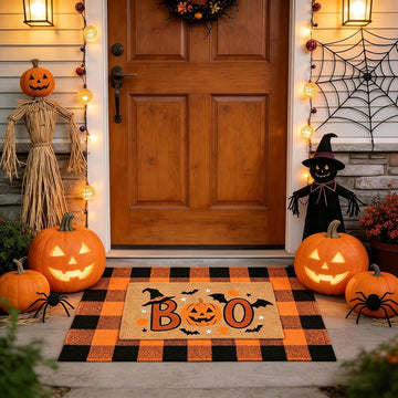 Halloween Layered Front Doormat Set, Boo! Natural Coco Coir Door Mat + 28"x43" Orange Black Buffalo Plaid Rug