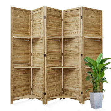 Partition Room Dividers, Folding Wood Privacy Screen with Three Display Shelves Suitable, Study, Art Display - 5