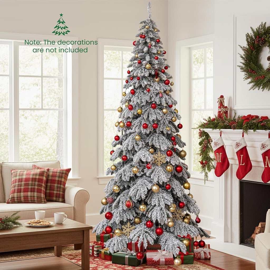 Pre-Lit Snow Flocked Drooping Christmas Tree, Artificial Hinged Xmas Tree with Quick Power Connectors, 1223
