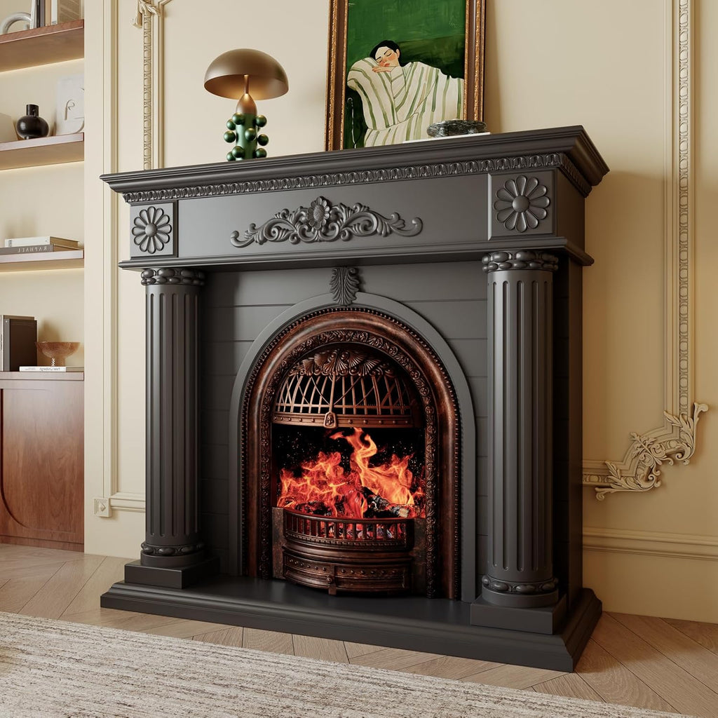 Solid Wood Electric Fireplace TV Stand, 52" Electric Fireplace with Mantel, Roman Column Entertainment Center with