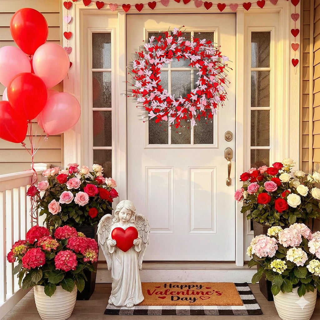 Valentines Day Decorations - 20 Inch Valentines Wreath, Artificial Lighted Pink Forsythia Wreath with Hearts Berries
