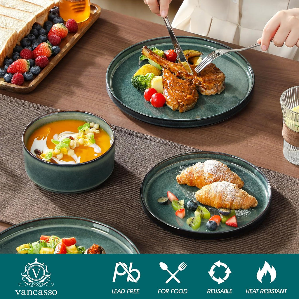 Starry Plates and Bowls Sets for 8, 24 Pieces Green Dinnerware SetsModern Stoneware Dishes Set