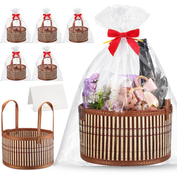 6 Set Empty Gift Baskets to Fill for Raffle, Bamboo, Brown