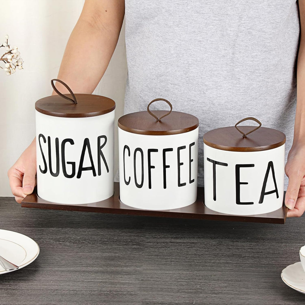 Ceramic Coffee Sugar Tea Canister Set with Lid and Tray - Set of 3