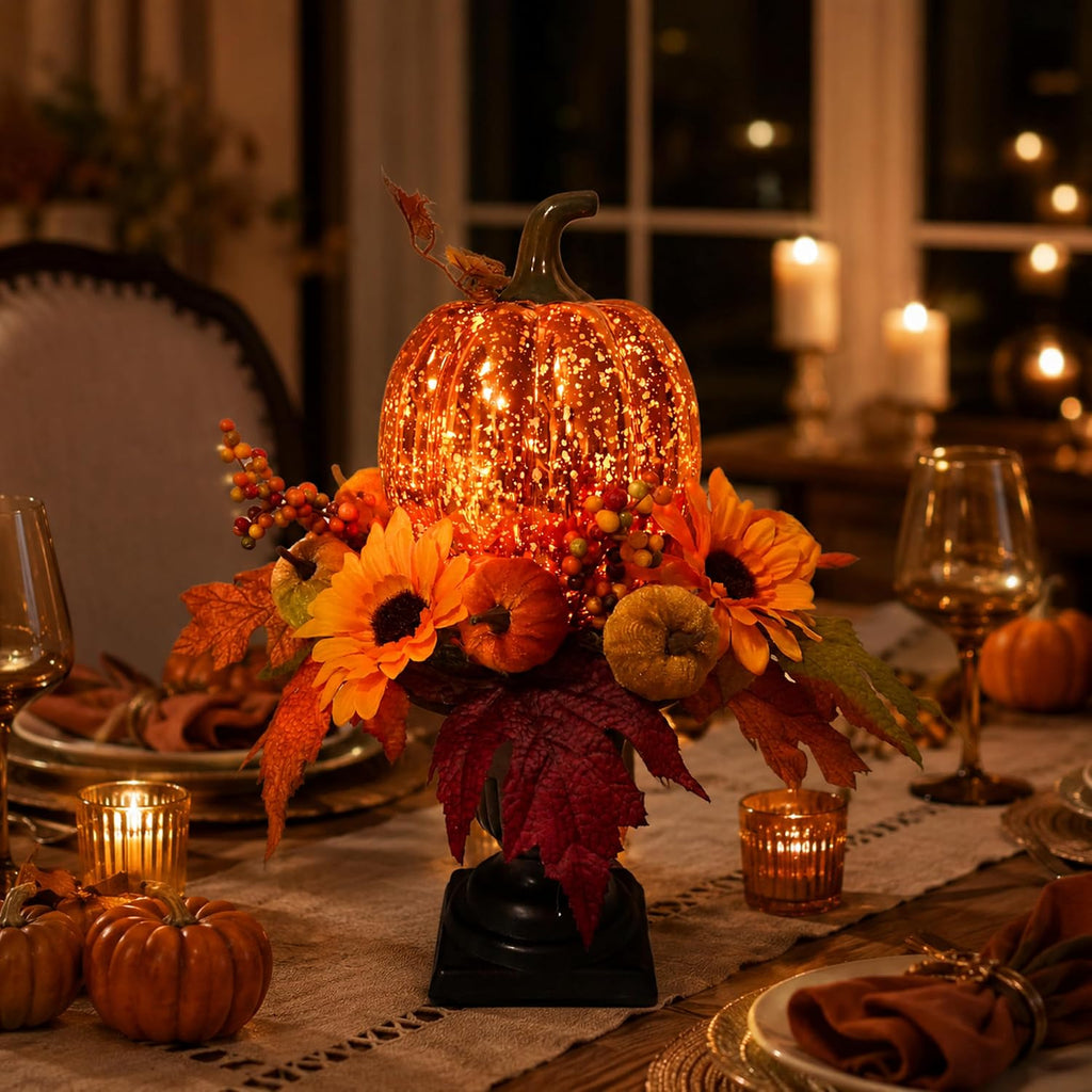 15 Inch Lighted Fall Pumpkin Arrangement with Pumpkin, Daisies | 15 LEDs with Mercury Glass-Style Pumpkin, Mini