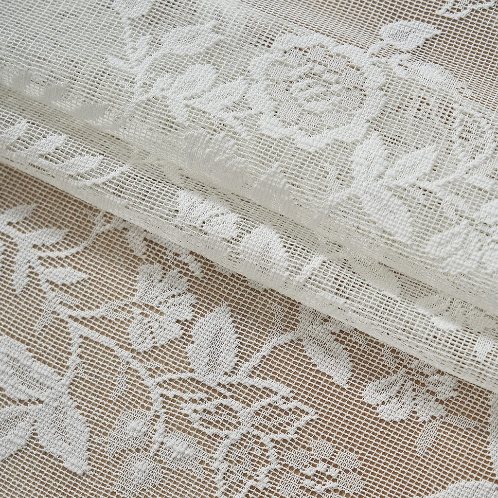Lace Curtains 84 Inches Long - Rustic Branch Leaf Floral Patterned Ivory Sheer Lace Curtains, Scalloped Macrame