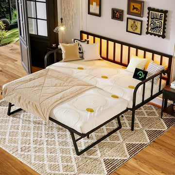 MU Daybed with Pop Up Trundle, Twin Day Bed with Trundle Bed Twin, Charging Station and LED Lights, Twin to King