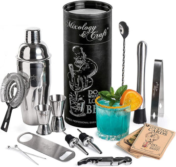 All-in-One Stainless Steel Cocktail Shaker Kit with 24 oz Cobbler Shaker, Includes Strainer, Muddler, Spoon, Jiggers