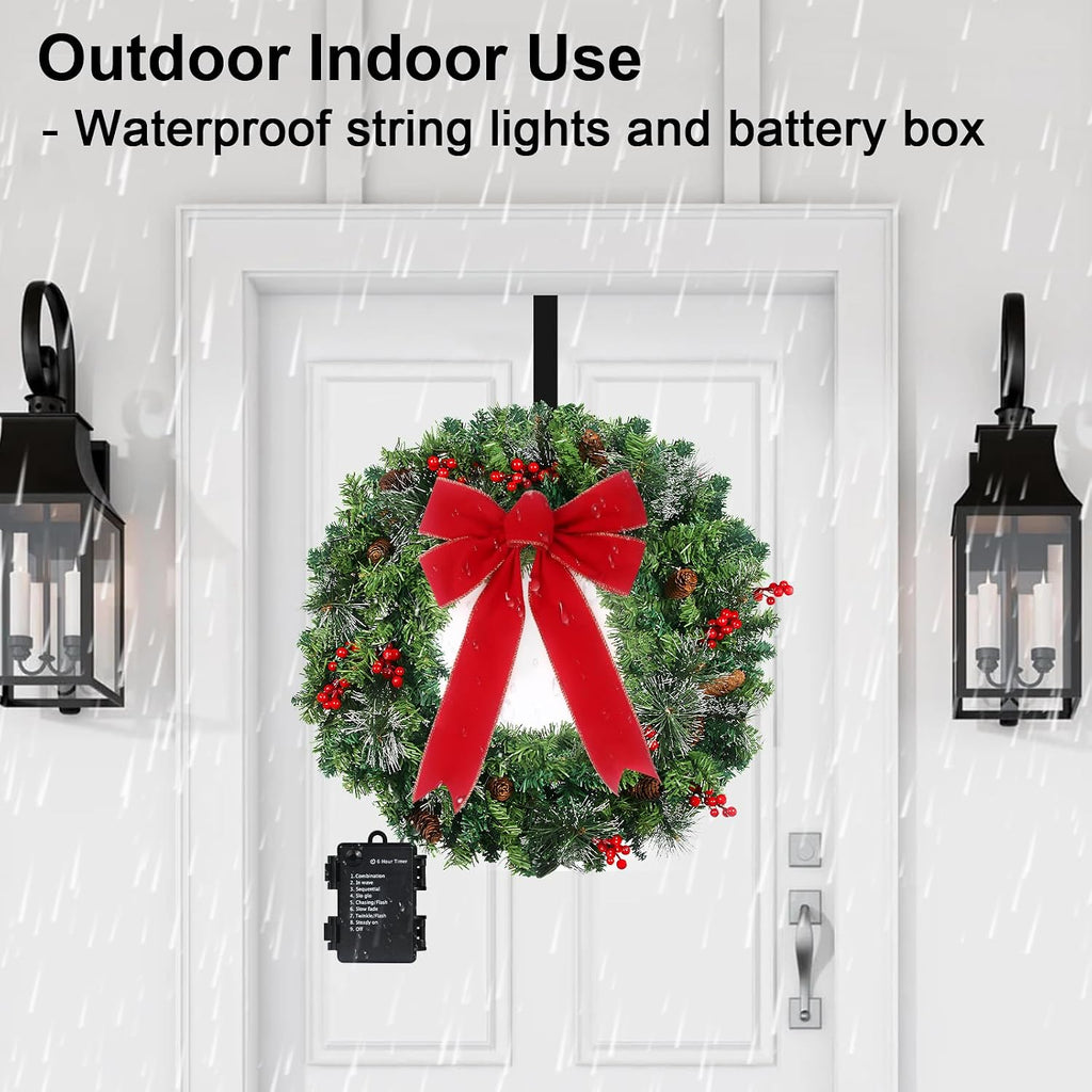 24in Prelit Christmas Wreath for Front Door Christmas Decorations- Timer 8 Light Modes- Battery Operated Lighted