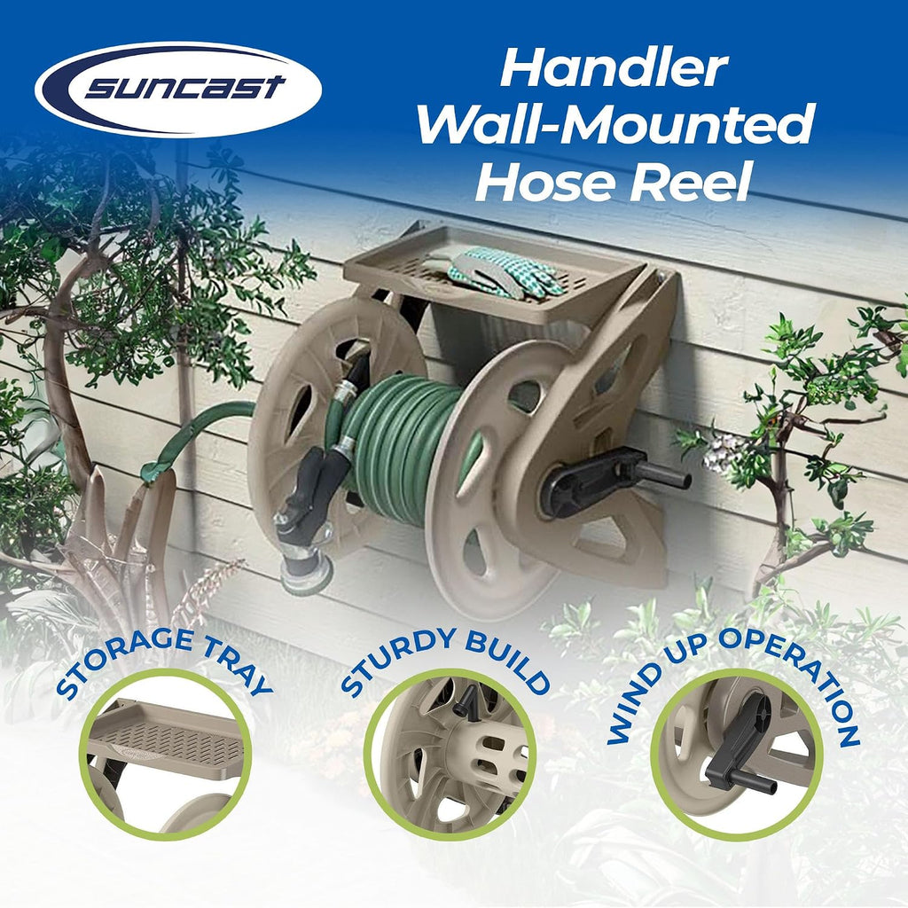 Handler Durable Hard Plastic Wall Mounted Outdoor Retractable Garden Hose Reel with Storage Tray and 200 Feet Hose