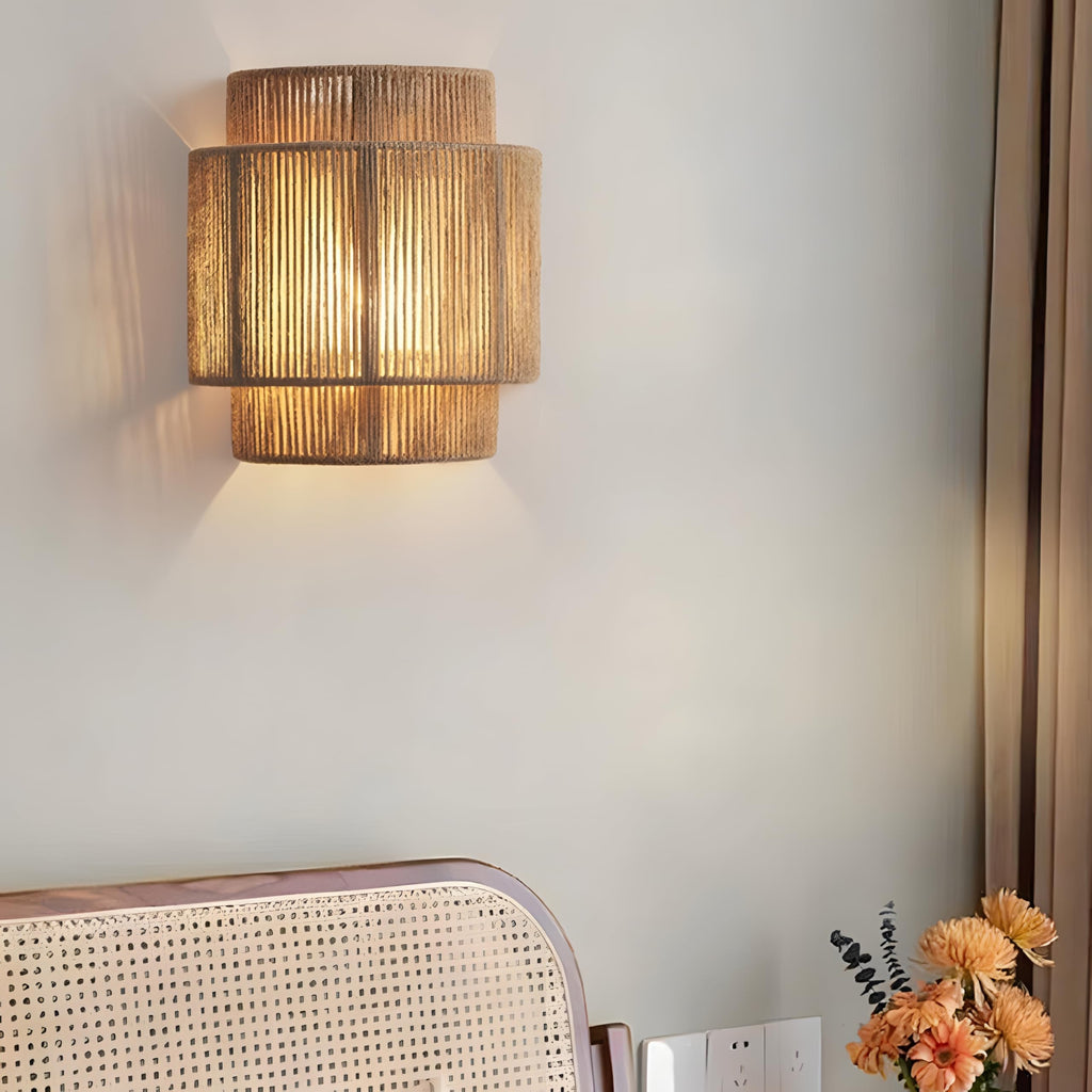 Boho Wall Light, Rattan Wall Sconce with Hand Woven Hemp Rope Shade