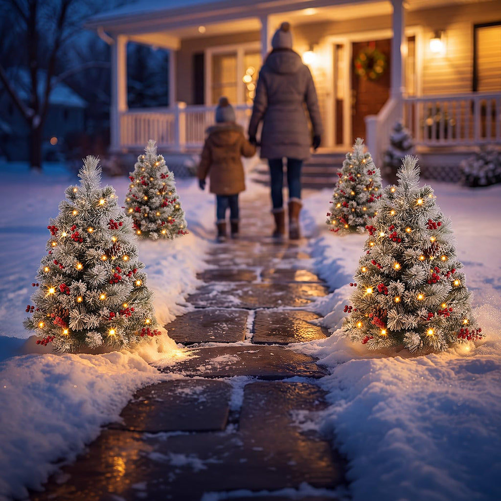 24 Inch Outdoor Christmas Tree Frosted Urn Filler 2 Set, Pre-lit Artificial Xmas Tree with 50 LED Lights, Realistic
