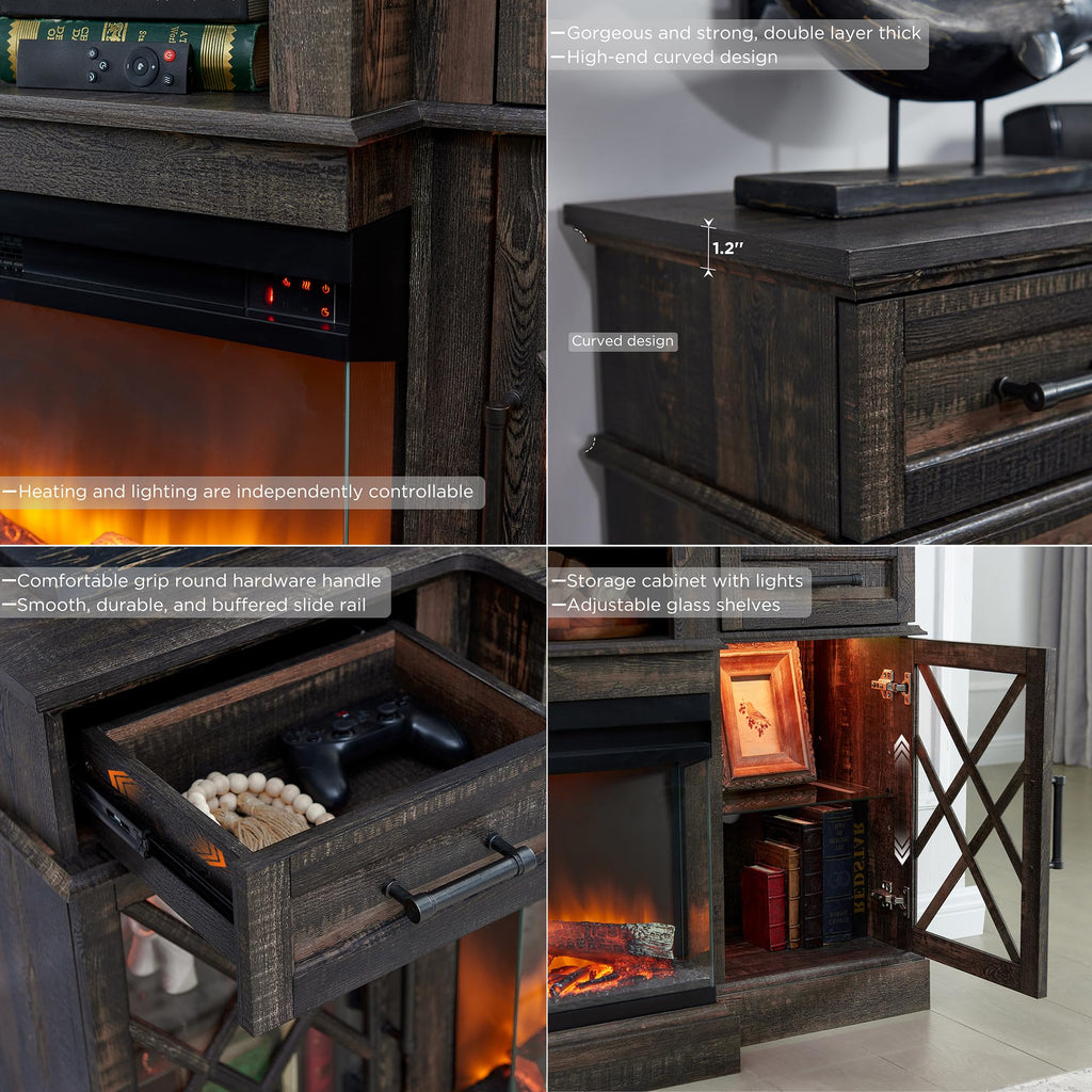 3-Sided Glass Farmhouse Fireplace TV Stand for TVs up to 80'', Highboy Entertainment Center with Glass Door Storage