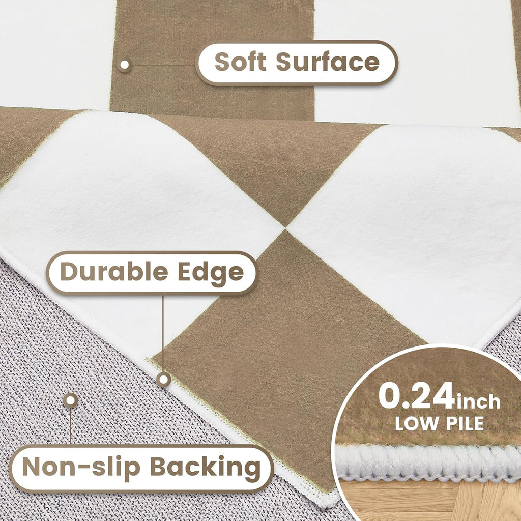 Washable Checkered Rug, 5x7 ft Beige and White Rug, Low Pile Area Rugs with Non-Slip Backing Playroom Classroom