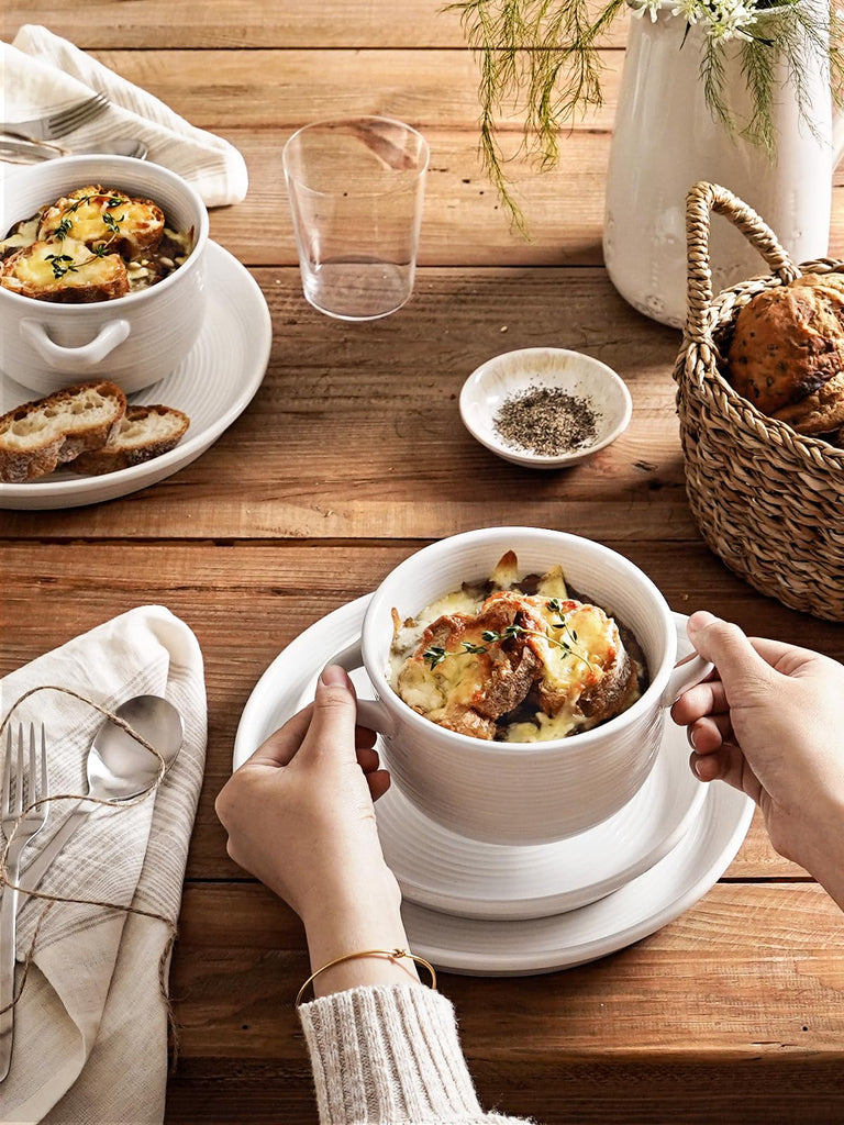 French Onion Soup Bowls with Handles, 28 oz, Set of 4, White
