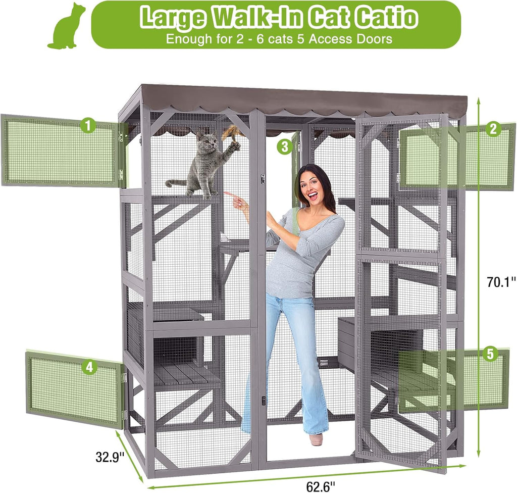 Catio Outdoor Cat Enclosure 70" Large Wooden Cat House Walk-in Cat Cage Kitty Shlter Playpen with 7 Platforms, 2