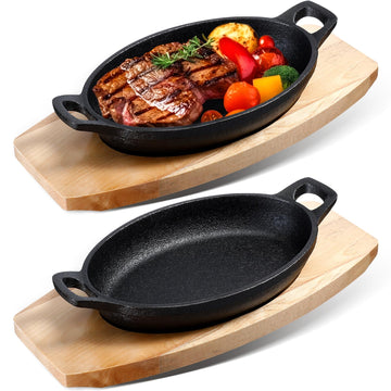 2 Pcs Cast Iron Skillet with Wood Base, 8.5 x 6.1 x 1.7 Inches