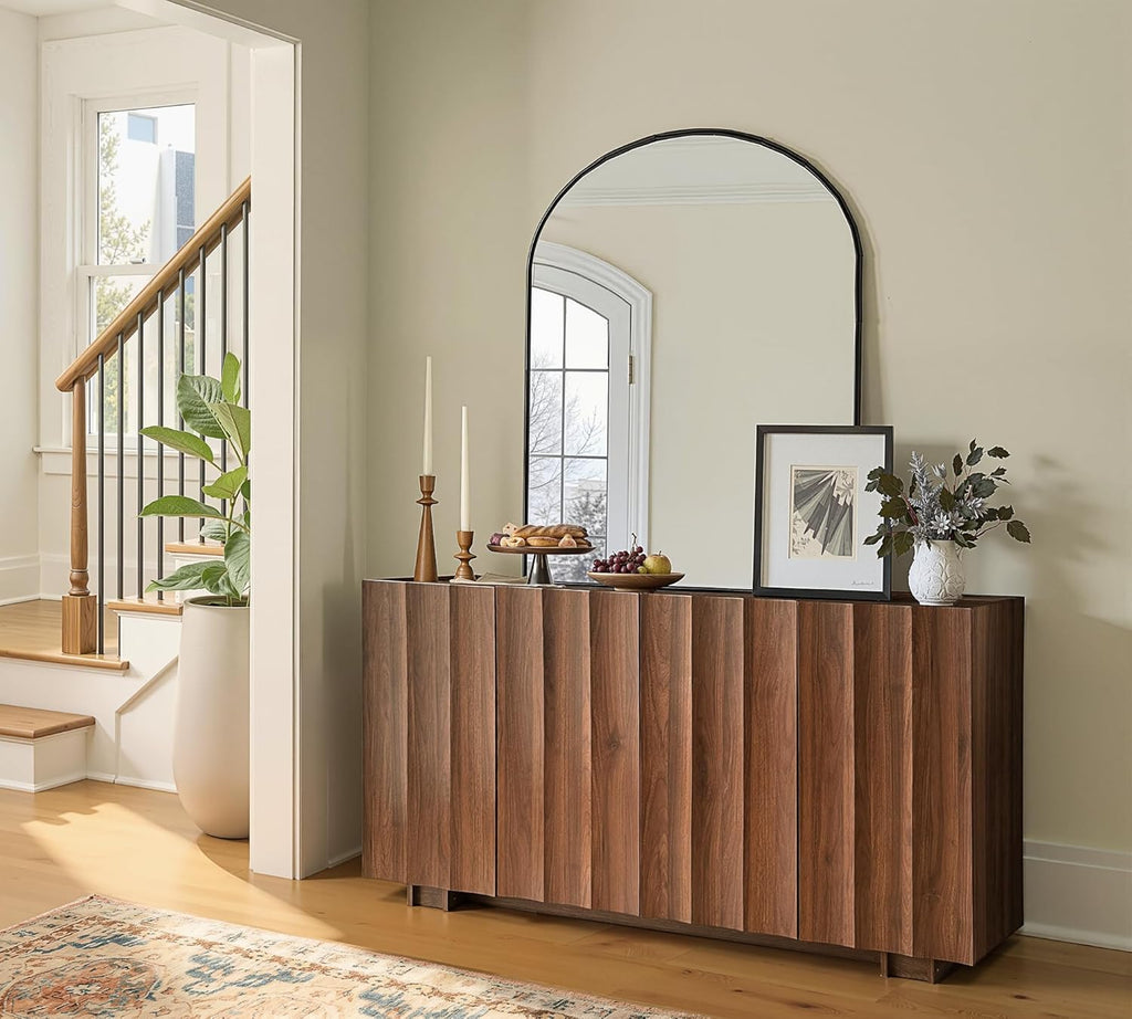 61.7" Fluted Sideboard Buffet Cabinet with Storage, Walnut | Mid Century Modern Credenza with Adjustable Shelves