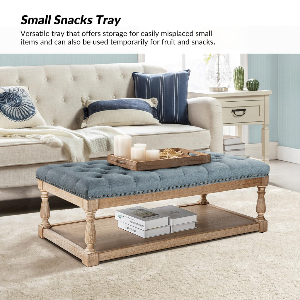 Storage Tufted Ottoman Coffee Table with Solid Wood Legs, Blue