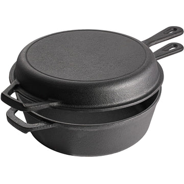2 in 1 Cast Iron Dutch Oven Pot with Skillet Lid Pre Seasoned Multi Cooker for Baking Frying Roasting Camping