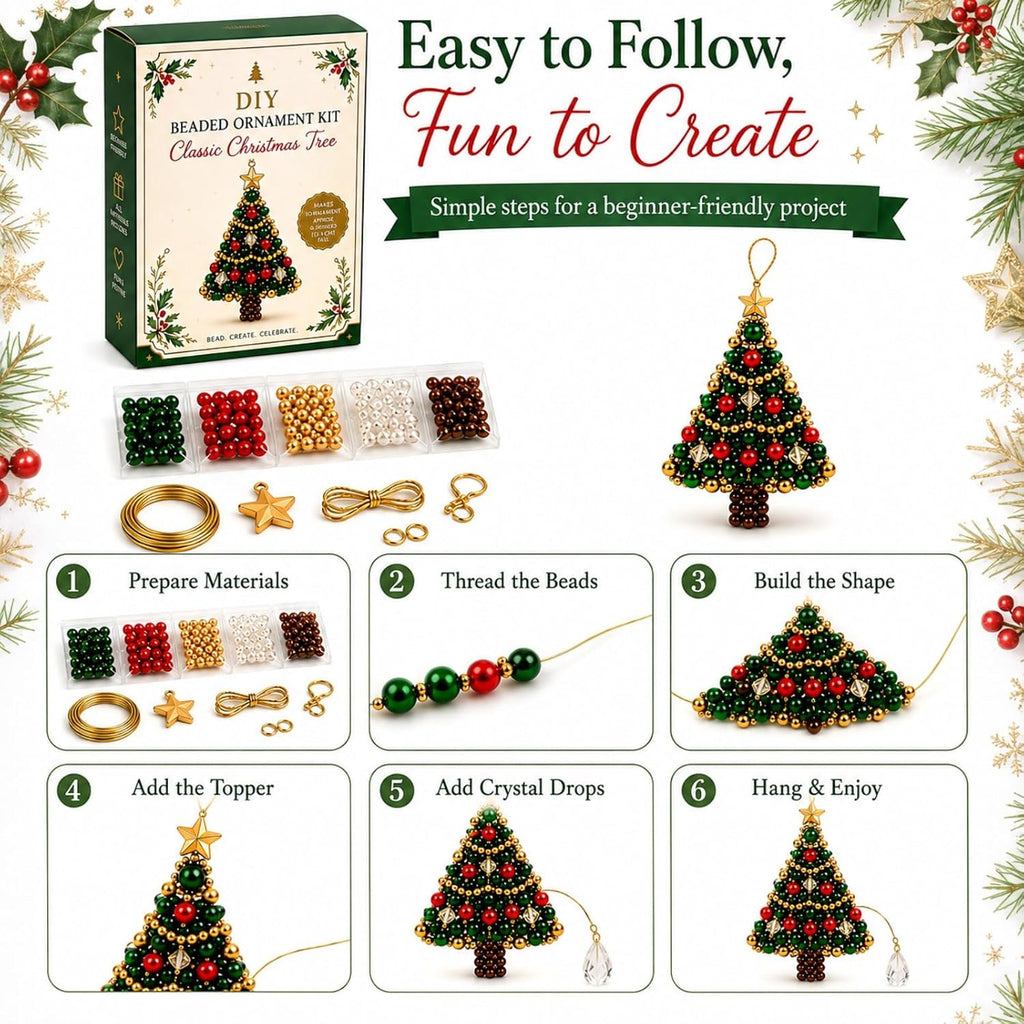 DIY Christmas Tree Beaded Ornament Kit, Pearl Crystal Holiday Craft