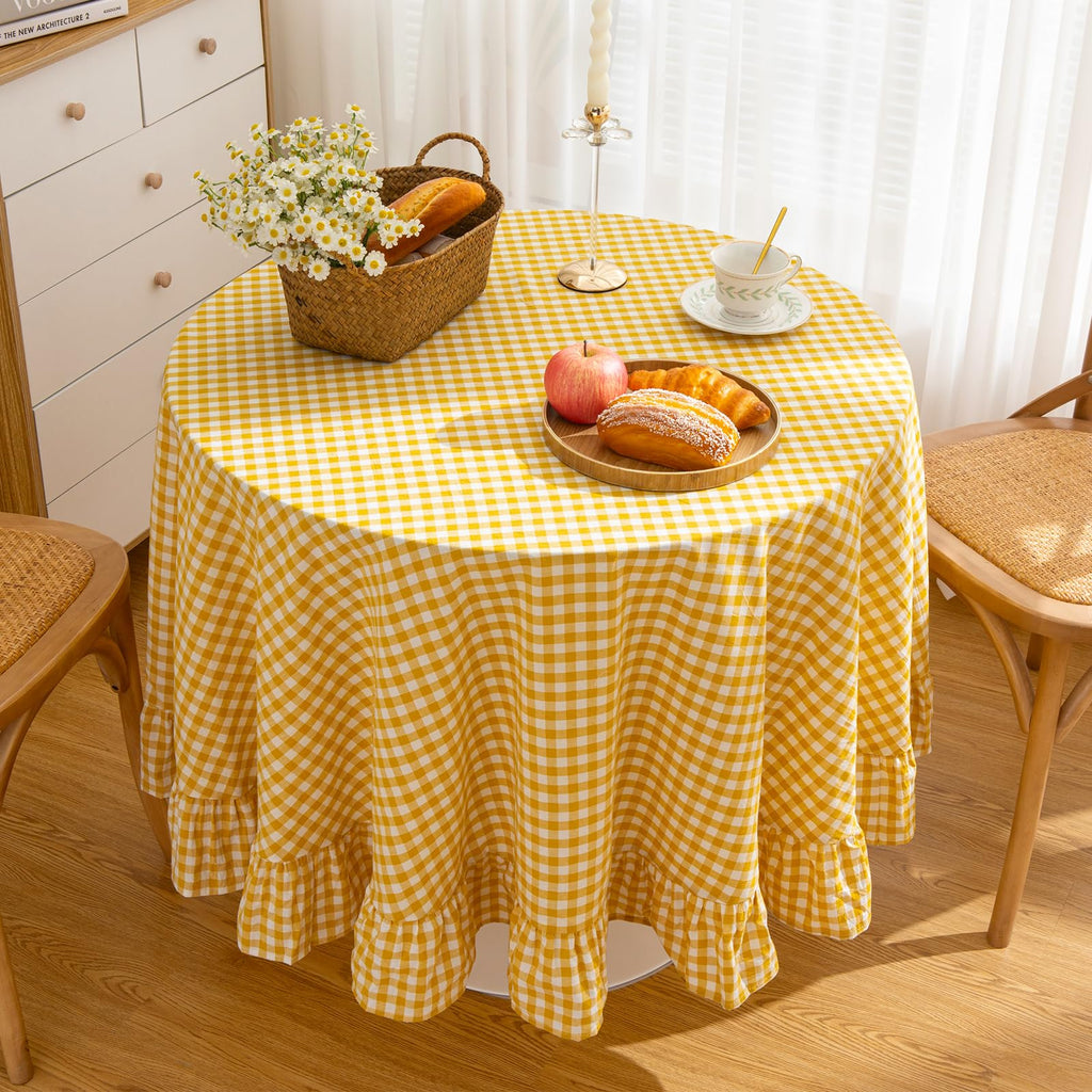 Yellow Round Gingham Tablecloth 70 Inch, Cotton Plaid Tablecloth