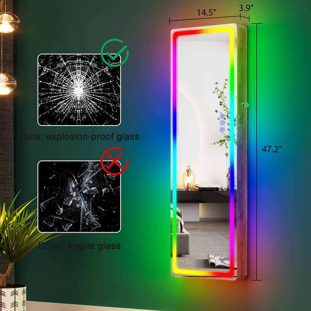 Over the Door Jewelry Organizer with LED RGB Lights, 47.2" Full Length Mirror with Storage, Wall Mounted Jewelry