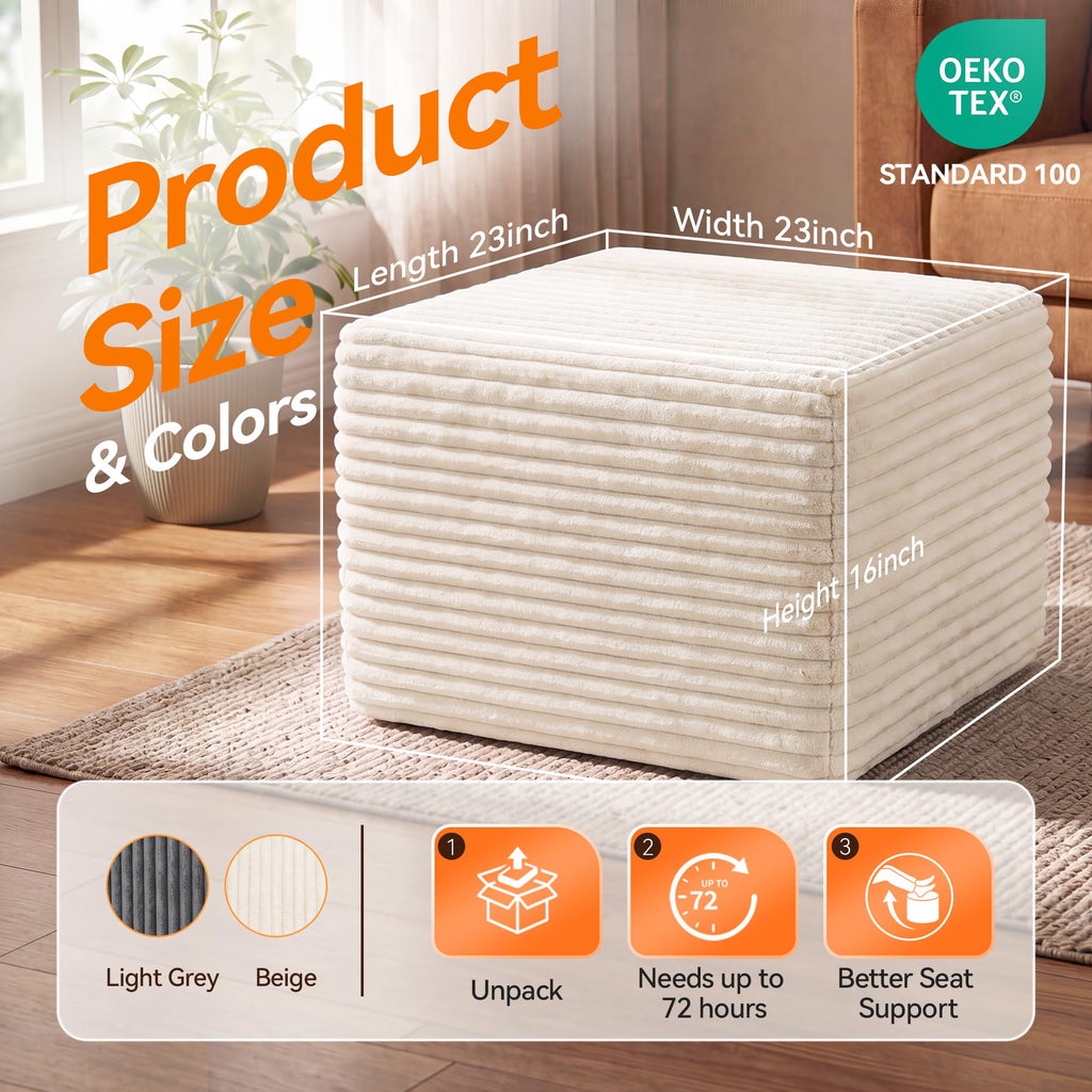 23in Square Pouf Ottoman, Large Corduroy Ottoman Foot Rest with Solid High-Density Foam, Removable Washable Cover