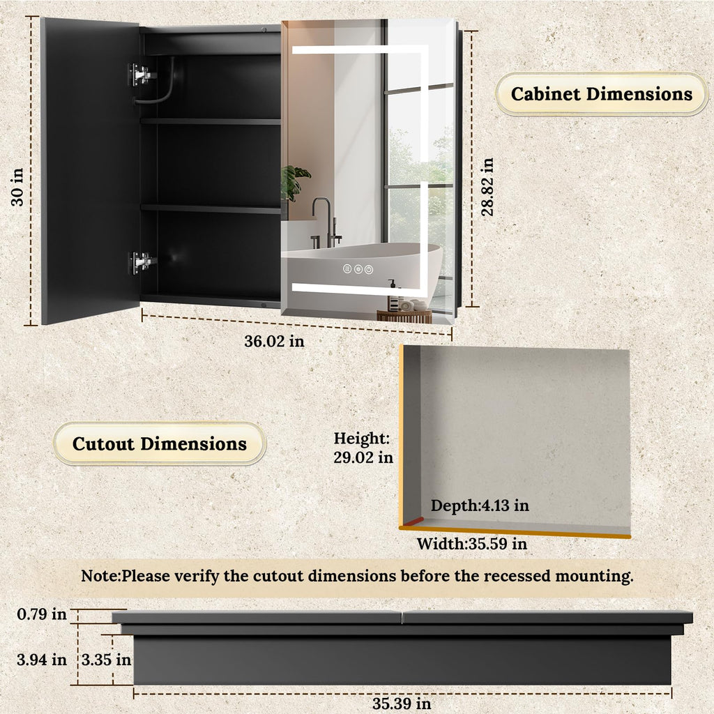 36"X30" Bathroom Medicine Cabinet with Mirror, LED Lighted Medicine Cabinet with Anti-Fog, 3 Colors Temperature