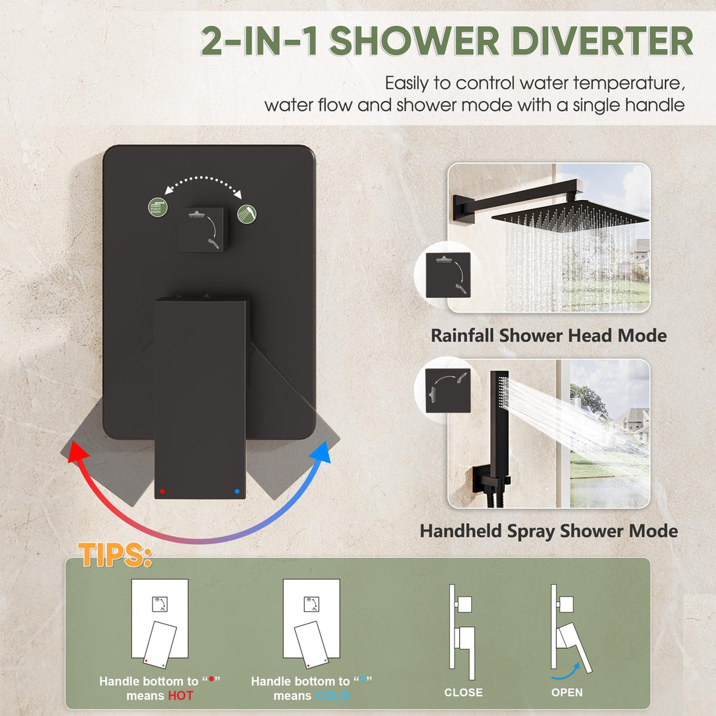 Black Shower System, Wall Mounted Shower Faucet Set with Valve, 10-Inch Rainfall Shower Head with Handheld Combo